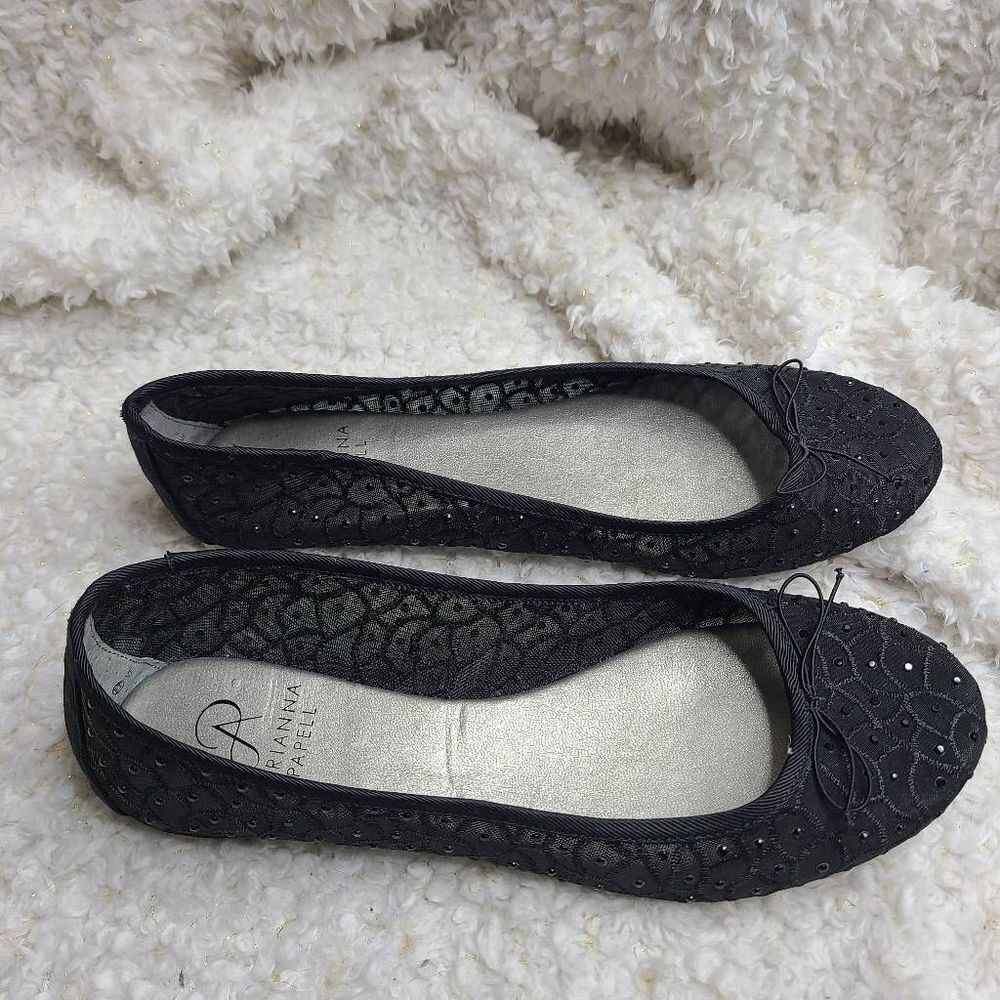 Adrianna Papell Black Lace and‎ Rhinestone Sequined Ballet Flats sz 38.5